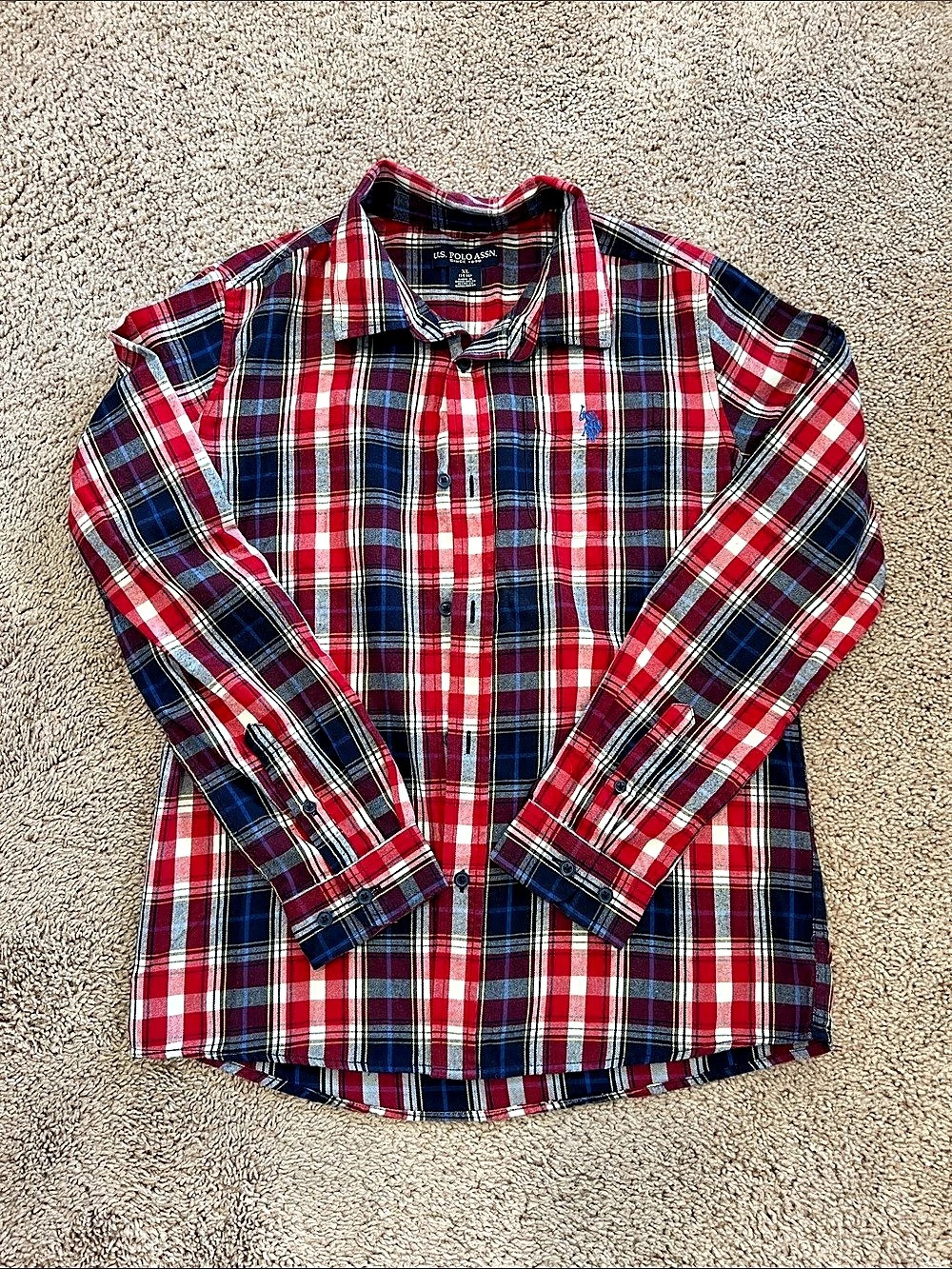 U.S. Polo Assn. Boys Plaid Flannel Button-Down Shirt. Red & Blue Boys XL (14-16)